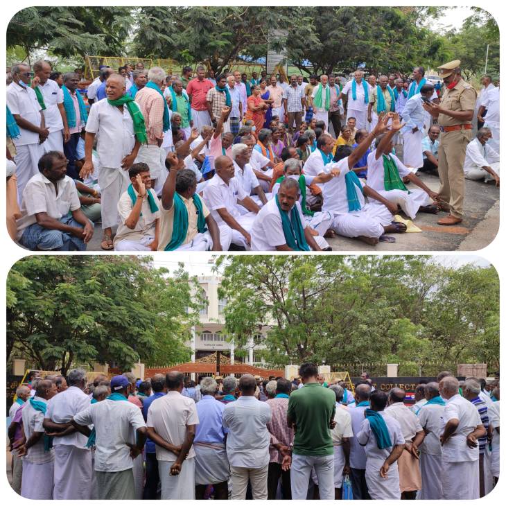 தூத்துக்குடி ஆட்சியர் அலுவலகம் முன்பு தரையில் அமர்ந்து விவசாயிகள் திடீர் தர்ணா போராட்டம் - ஆட்சியர் வளாகத்தில் பரபரப்பு
