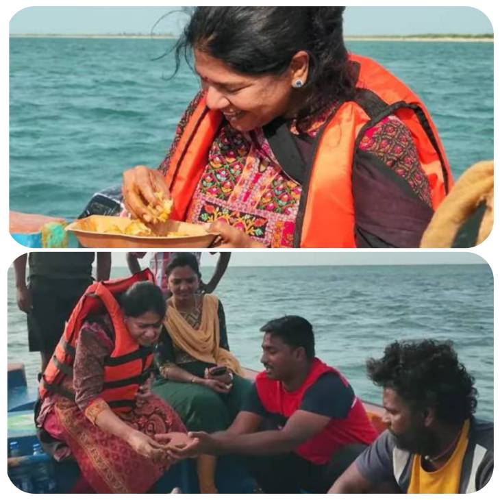 நடுக்கடலில் கனிமொழி எம்பி.. தூத்துக்குடி மீனவன் குடும்பத்துடன் மீன்விருந்து!