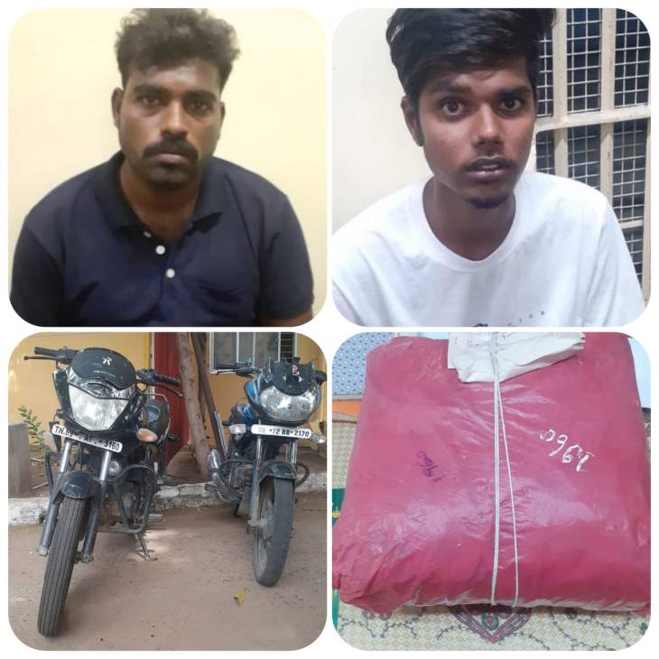 மணக்கரை சாலையில் இருசக்கர வாகனங்களில் கஞ்சா கடத்திய 2 பேர் கைது - போலீசார் வாகன தணிக்கையில் சிக்கினர்