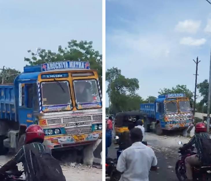 தூத்துக்குடியில் பிரதான சாலையின் தடுப்புச் சுவரில் மோதி லாரி விபத்து!